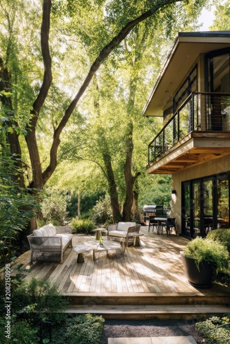 Sunlight shines on a wooden deck surrounded by trees and plants in a garden setting with outdoor furniture in the afternoon