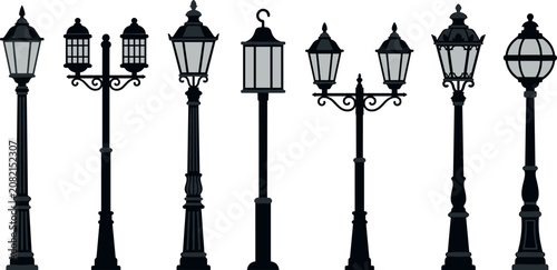 Photos Classic street lantern icons bundle with black metallic vintage pillars hanging
