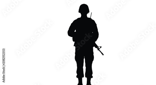 Schilderij op canvas Soldier With Rifle Standing At Attention Black Silhouette