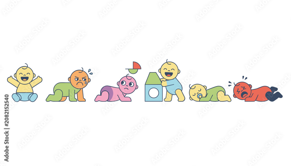 Fototapeta premium Row of cute cartoon babies displaying different developmental stages and emotional expressions on white background.