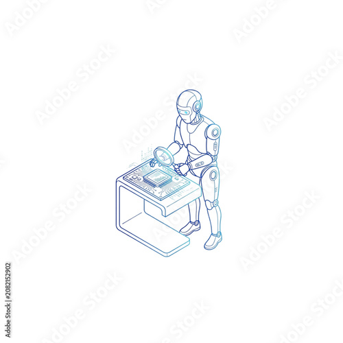 Robot Assistant Using Holographic Interface and Monitoring Data Panels on a Futuristic Workstation Featuring Humanoid, Android