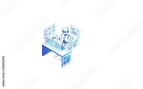 Robot Consulting Desk with Colorful Ui Panels, Copy Space, Futuristic Office Technology Concept Illustration