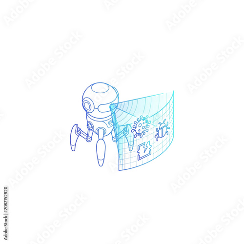 Robot Drawing a Network of Glowing Icons on a Transparent Interface Screen for Artificial Intelligence Concept