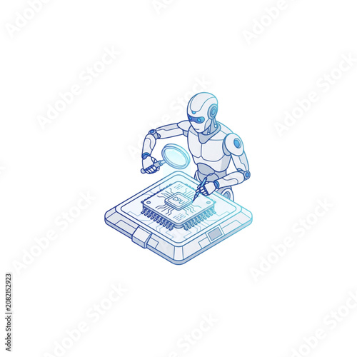 Robot Examining a Circuit Board with a Magnifying Glass Featuring Technology, Futuristic, Repair with Inspection and Artificial