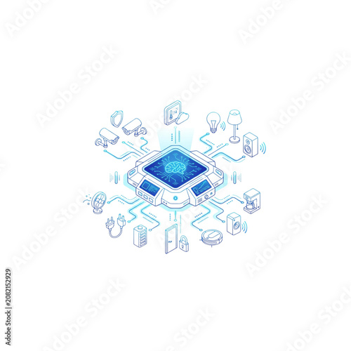 Robot Chip Illustration with Connected Devices, Data Streams and Wireless Icons for Ai Technology Concept Design