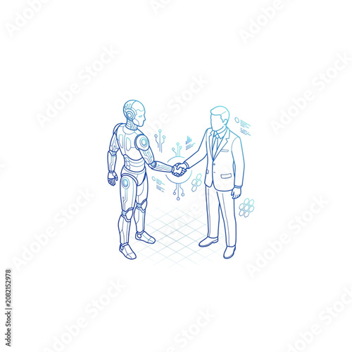 Robot Handshake Concept Icon with Human in Suit, Futuristic Ai Network Graphics and Clean Line Art on White Background