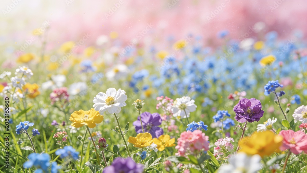 Obraz premium Vibrant colorful flowers bloom in a lush green meadow with pink, purple, and blue hues.