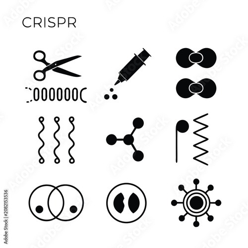 CRISPR gene editing and biotechnology research linear icon set
