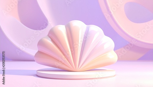 3D render cylinder podium with pastel pink seashell backdrop for cosmetic product display