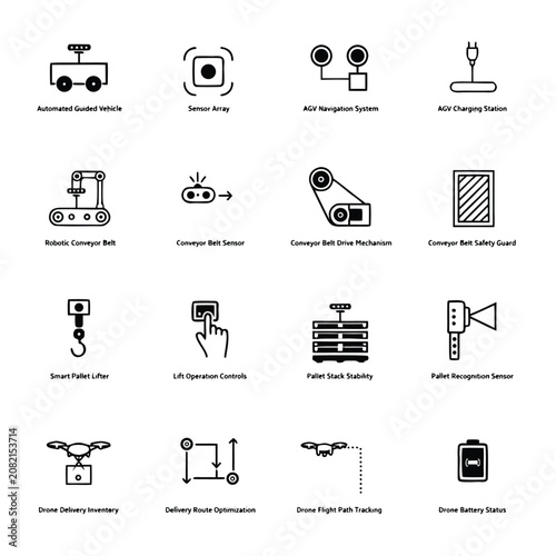 Automated warehouse logistics and AGV robotics line icon set