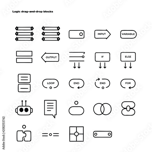 Visual block programming and beginner coding linear icon set