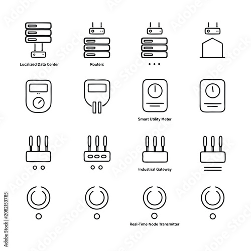 Edge computing and industrial IoT sensor network linear icon set
