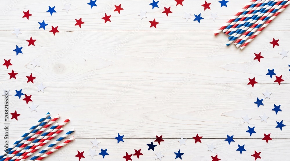 Obraz premium White wooden background with red and blue star confetti and patriotic striped straws, forming a festive frame for celebration.