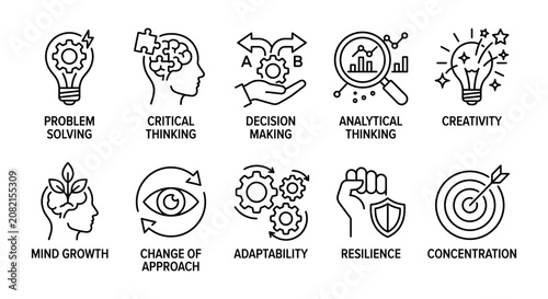 Cognitive soft skills and problem solving vector line icon set. Critical thinking and creativity symbols. Concept for mental health UI UX web design and psychology education app.