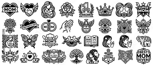 Mother's day icon sheet : Seamless Vintage Floral Vector Pattern with Hand Drawn Flowers Ornate Decorative Border Elements Swirls Heraldic Ornament Frame and Botanical Illustration Set