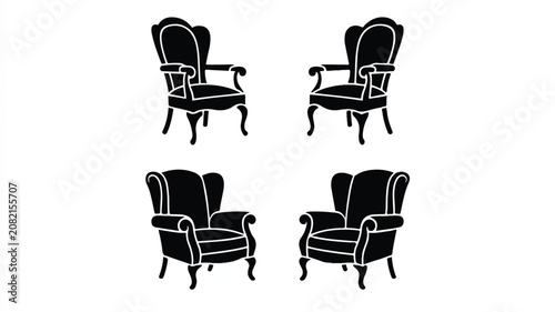 An illustration depicts four black armchairs with white outlines arranged in two rows on a plain surface.