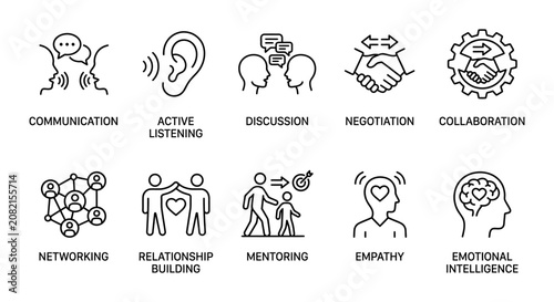 Interpersonal communication soft skills vector line icon set. Active listening empathy and negotiation symbols. Concept for corporate HR UI UX web design and team training app.