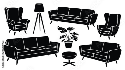 An illustration depicts furniture arranged indoors with a sofa, armchairs, lamp, coffee table, and plant.