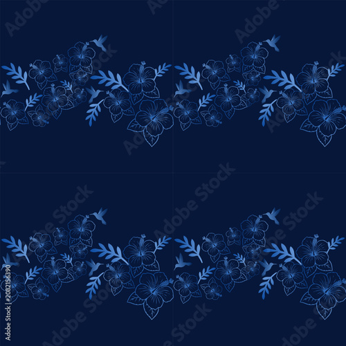 Dark Blue Botanical Flower Branch Repeat Background