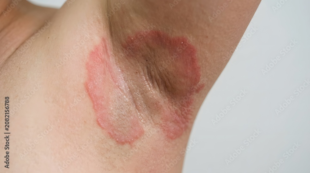 Fototapeta premium Red inflamed psoriasis plaque on human armpit skin displaying irritation and dry texture.