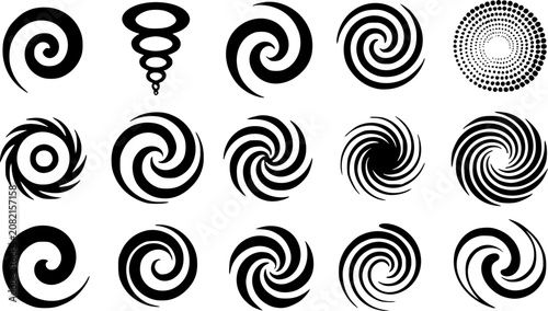 Abstract vector icon set of black spiral swirls, hypnotic vortex shapes, fluid twisting motion graphics, and halftone circular patterns, perfect for modern digital design.