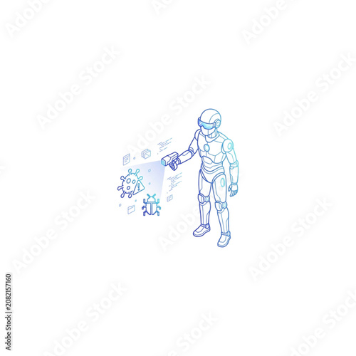 Robot Holding a Futuristic Device with Holographic Interface and Floating Icons Featuring Technology, Sci-Fi, Digital