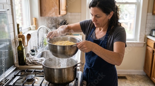A woman in an apron prepares pasta in a home kitchen, draining boiling spaghetti into a colander over a steaming pot on a gas stove, embodying the essence of home cooking and culinary passion.