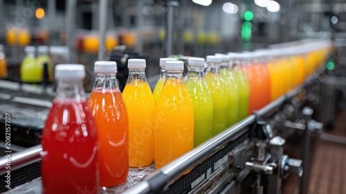 product bottles fruit juice on the conveyor belt in the beverage factory, industrial, manufacture, production, line, plant, technology, juice, machine, machinery, equipment, automated