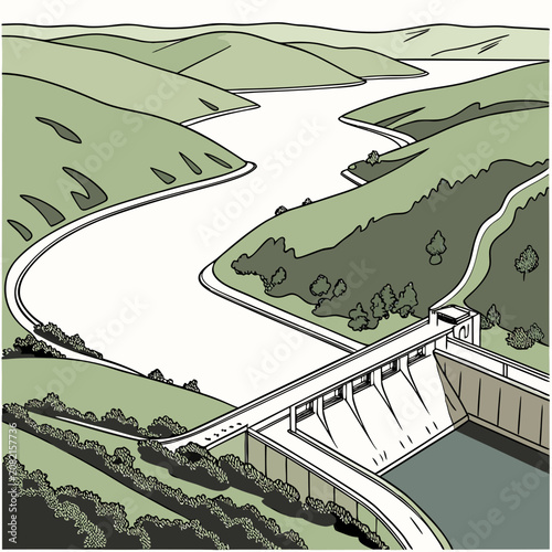 Obraz na plátně An isometric of a hydroelectric dam situated in a green valley with a winding ri