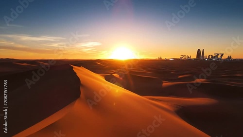 Futuristic city skyline visible from desert dunes.