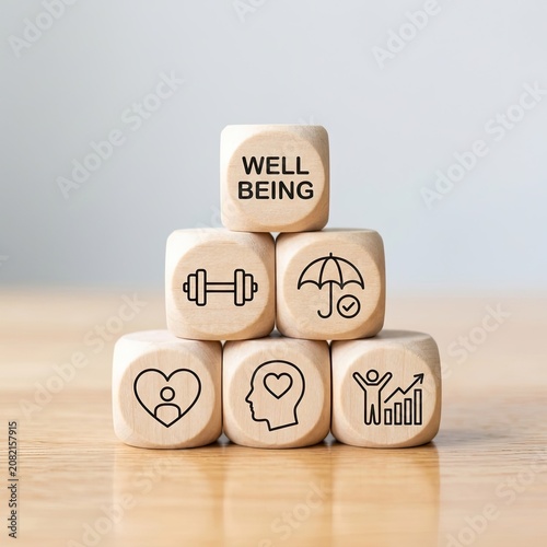 Stacked wooden wellness dice with health and happiness symbols on light wooden surface