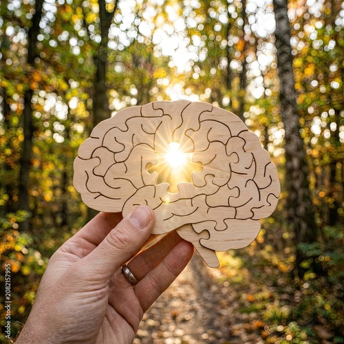 Holding a wooden brain puzzle in a sunlit autumn forest for mental health