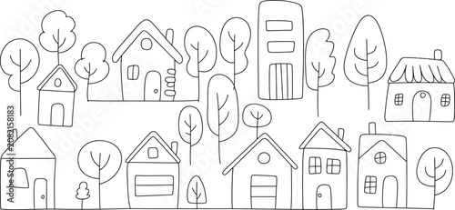 Hand drawn doodle village with houses and trees. Cute suburban town sketch illustration.