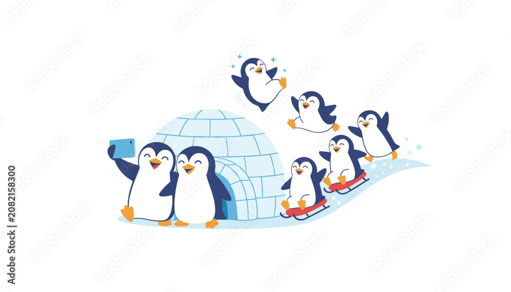 Fototapeta premium Group of cute playful penguins having fun in the snow, sliding down a hill, and taking a selfie near their blue igloo.