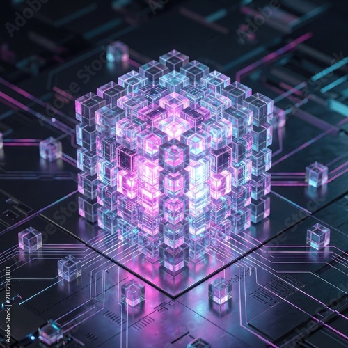Glowing Digital Cube Floating Above A Futuristic Circuit Board Technology Concept