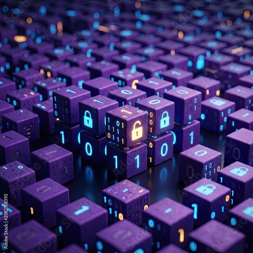 Digital Data Blocks with Glowing Security Padlocks in a Cyber Network Grid