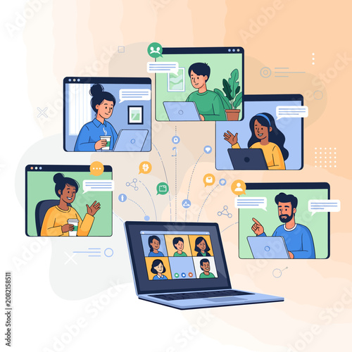 Group of diverse people having a virtual video conference meeting on a laptop computer.