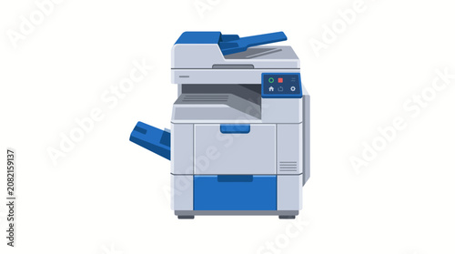 A detailed illustration of a modern office photocopier machine with blue and white accents, featuring paper trays and a scanner lid