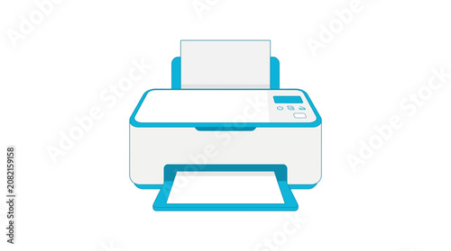 Minimalist vector icon of a white digital printer with blue accents for office and home use
