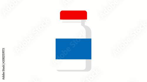 Minimalist Flat Vector Illustration of a Plastic Pill Bottle with Red Cap and Blue Label for Healthcare and Medical Pharmaceutical Packaging Design Concepts