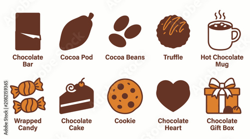 Canvastavla Set of ten delicious chocolate themed vector graphic icons featuring a cocoa pod beans truffle hot mug wrapped candy cake cookie heart and gift box in a minimalist brown style