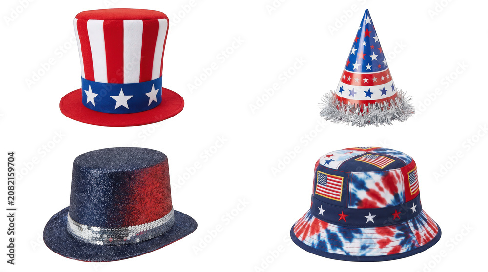 Fototapeta premium Four patriotic hats on display for Independence Day celebration