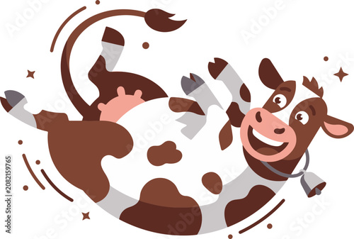 Obraz na płótnie Cute happy cow lying down and relaxing cartoon character illustration for cow ap