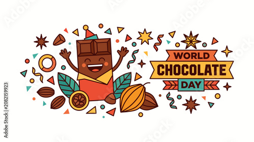 Bilde på lerret Cheerful anthropomorphic chocolate bar character celebrating world chocolate day
