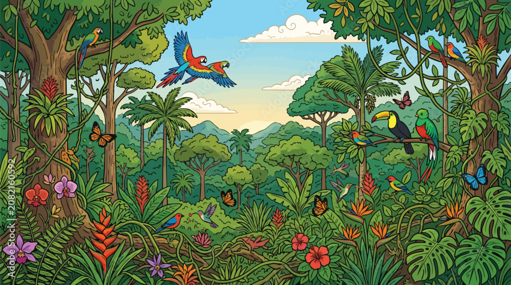 Fototapeta premium Lush Tropical Rainforest Landscape with Exotic Birds Macaws Toucan Colorful Flowers and Dense Green Jungle Vegetation