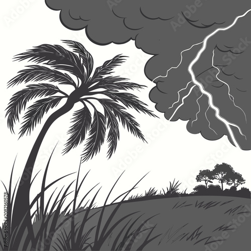 Obraz na plátne Monochrome of a palm tree swaying in a storm with a dark cloudy sky and a bright