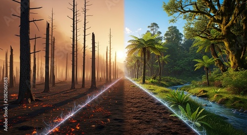 Split Image: Devastated Landscape vs. Thriving Forest, Environmental Contrast
