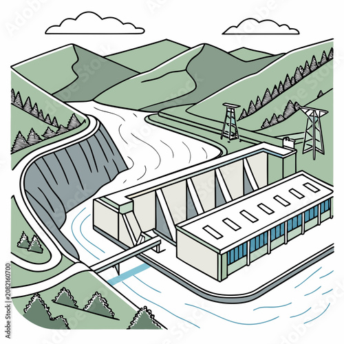 Fotografie Isometric of a hydroelectric dam situated in a mountainous valley with a river,