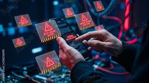 Spam email. Phishing and scam mails. Smartphone and warning triangle icons. Man tapping smartphone screen.