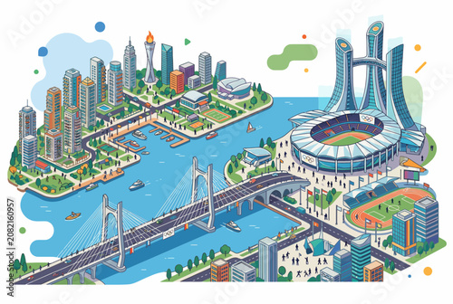 Isometric Modern Cityscape with Sports Stadium and Bridge